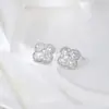 Pendientes Tridimensionales de Trébol de Cuatro Hojas de la Suerte Llenos de Zirconia Calada Aguja de Plata 925 Pendientes de Moda Nicho de Alta Gama para Mujer
