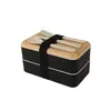 Lonchera Calentable Estilo Japonés con Grano de Madera Transfronteriza, Segura para Microondas, Caja Bento Doble Capa Dividida, Fabricante Agrega Logo Impreso