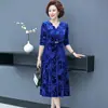 Vestido de Primavera Novo Estilo 2026 para Mulheres de Meia-Idade e Idosas, Vestido com Decote em V Relevado, Vestido Longo Elegante e Fashionável de Manga Longa para Mães com Barra Larga