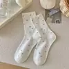 Calcetines a cuadros blancos y azules con lazo para mujer, primavera y otoño, cinco colores nuevos, calcetines de media pantorrilla, empalme dulce, calcetines holgados, calcetería Zhuji