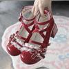 Sapatos Mary Jane de Couro de Bico Redondo Novos da Primavera 2025 Lolita Laço Estilo Princesa Sapatos que Aumentam a Altura e Alongam as Pernas