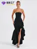 Vestido Longo de Festa Elegante e Moderno, Sem Alças, com Barra Franzida e Fenda Lateral, Estilo Sereia, Personalizado e Transfronteiriço, Vestido de Celebridade