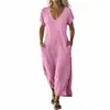 Vestido Longo de Cor Sólida com Decote V e Bolsos para Mulheres - Novo 2026 - Amazon Aliexpress Transfronteiriço Europeu e Americano