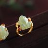 Anillo de Rana con Jade Hotan Incrustado Zafiro Chapado en Oro Anillo Abierto Anillo de Dedo Hoja de Loto Joyería para Ancianos