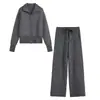 Conjunto de malha feminino com gola alta e zíper, conjunto de duas peças com jaqueta de cor sólida e calça pantalona, roupas casuais femininas para outono e inverno em estoque
