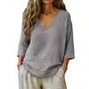 Top Casual Suelto de Moda Europeo y Americano Transfronterizo 2026 Amazon Primavera/Verano Nuevo para Mujer con Mangas Medias y Cuello en V de Algodón de Bambú