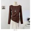 Camisa de Base Tricô Manga Longa Assimétrica com Alça Plissada Gola Redonda Estilo Coreano para Mulheres Inverno Suave Cera Fenda Top Suéter para Mulheres