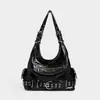 Bolsa tote feminina vintage, grande capacidade, bolsa de ombro preta de alta qualidade, bolsa de ombro estilo motociclista, bolsa hobo de design nicho