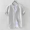 Camisa de lino para hombre, de manga corta, cuello alto, de verano, fina, holgada, de algodón y lino, blanca, estilo fresco, informal, para hombre