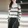Elegante y casual suéter de punto a rayas con cuello en V para mujer, de manga larga, corte holgado, top estiloso, rejuvenecedor y cómodo