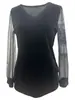 Camisa de Veludo Patchwork Quente para Venda no Comércio Exterior da Amazon para Mulheres com Mangas Transparentes de Lantejoulas, Top Elegante e Versátil
