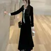 Elegante vestido de veludo com mangas sino e amarração, vestido longo para mulheres, outono e inverno, vestido versátil de alta qualidade em linha A, transfronteiriço