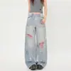 Jeans de pierna ancha rasgados con salpicaduras de pintura estilo americano para mujer, verano, finos, holgados, adelgazantes, casuales, versátiles, pantalones rectos