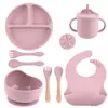 Conjunto de Louça para Alimentação de Bebê de 9 Peças, Prato de Arroz Sorridente de Silicone de Grau Alimentício, Tigela para Complemento Alimentar, Colher e Garfo, Copo de Transição Infantil
