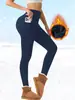 Leggings forrados de forro polar estilo europeo y americano para mujer, otoño e invierno, cálidos, con bolsillos, de cintura alta, deportivos, casuales, ajustados, leggings de yoga