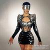 Traje Sexy Negro Brillante de Lentejuelas Europeo y Americano con Abertura Falda de Tres Piezas Cantante Actuación Comercial Atuendo de Escenario Bar Disco