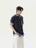 2025 Nova Moda Americana Falsa Duas Peças Camisa Polo Manga Curta Masculina Xadrez Costura Estilo Preppy Camiseta Tops Masculinos