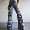 Sitio Independiente Transfronterizo Europeo y Americano Nuevo Pantalón de Mezclilla Acampanado Ajustado a la Moda para Mujer con Impresión Digital 3D de Amazon