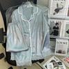 Pijama feminina de temperamento com sensação de alta qualidade para primavera e verão, com lapela, manga comprida e calças, roupa de casa, conjunto de renda sedoso, atacado