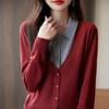Nuevo cárdigan de punto para mujer, otoño e invierno, lana peinada de doble hebra, cuello polo, estilo de dos piezas falsas, chaqueta versátil a la moda para reducir la edad