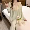 Nuevos Pijamas de Manga Larga para Mujer de Otoño Jacquard Cuadros Cuello en V Traje de Algodón Nube Pijamas para Mujer Encaje Ropa Dulce para el Hogar