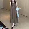 Vestido largo tipo camiseta sin mangas, de cuello cuadrado, hombros anchos, para mujer, corte recto, holgado, con caída, para vacaciones casuales, vestido adelgazante
