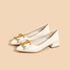 Zapatos de Mujer Estilo Francés con Punta Fina 2025 con Decoración Metálica, Zapatos de Moda con Tacón Medio Grueso, Zapatos de Piel de Vaca de Color Sólido para Mujer