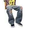 Jeans de Mezclilla Lavada Desgastada Rasgados con Estampado de Estrellas Sueltos Sentido del Diseño Marca de Moda Hip Hop Americano Pantalones Rectos Micro Acampanados