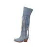 Outono Inverno 2026 Europeu e Americano Simples Franja Salto Grosso Rebite Camurça Patchwork Retrô Botas Femininas Novas Botas Acima do Joelho Botas de Moda