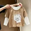 Camiseta con Parche Linda Falsa de Dos Piezas para Niños y Niñas Elegante de Manga Larga Otoño Superior Estilo Coreano para Bebé Holgada Moderna