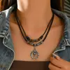 Collar de Cuero Trenzado a Mano Doble Capa Apilable para Mujer, Cuentas de Madera, Colgante de Aleación, Gargantilla de Moda Retro