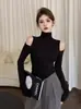 Camiseta de Manga Larga de Color Sólido Versátil con Cuello Alto Parcial Estilo Puro Deseo para Mujer, Otoño Estilo Coreano Elegante Diseño Hueco Ajustado Superior, Estilo Ins