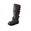 Botas de Cavaleiro Estilo Britânico com Múltiplas Fivelas 2026 Bico Redondo Salto Grosso Botas de Cança Estreita Botas Longas Não Acima do Joelho Botas Versáteis Simples
