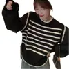 Top de punto de rayas blancas y negras de dos piezas falso para mujer, nuevo suéter corto de retazos suave estilo coreano para primavera/otoño