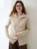 Cardigã de malha de cashmere espesso de sete agulhas para mulheres, gola alta, mangas raglan, estilo casual solto, jaqueta versátil com zíper