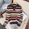 Suéter de punto a rayas con cuello polo para mujer, otoño e invierno 2026, talla grande, adelgazante, disimula la barriga, oculta la grasa y tiene una apariencia juvenil
