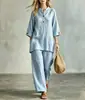 2026 Moda Casual de Color Sólido para Mujer Europea y Americana Estilo Vacacional Conjunto de Pantalones Largos Elegantes con Botones