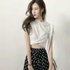 Top de Dança Jazz Estilo Coreano 2024 Novo Branco Manga Curta Cropped Cruzado Camiseta Feminina Verão Ombligo Estilo Extra Curto