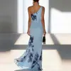 Vestido Largo de Un Hombro Estampado Azul de Marca Independiente Estilo Europeo y Americano Nuevo 2026 Elegante y Gracioso Vestido de Fiesta