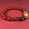 Pulsera de Cinabrio Crudo con Arena de Cristal Translúcido, Dios de la Riqueza de Cinco Vías y Pixiu Solitario, Pulsera Unisex, Regalo de Joyería por Año de Nacimiento