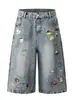 Pantalones Vaqueros Cortos Rectos de Pierna Ancha Sueltos Bordados de Dibujos Animados Lavados Retro Americanos para Hombres y Mujeres Pantalones de Verano de Moda