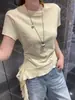 Verão 2026 Novo Estilo Ombro Reto Manga Curta Barra Irregular com Babados Estilo Puro Desejo Slim Fit Versátil Blusa Camiseta Feminina