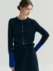 Cardigã de tricô versátil estilo francês com gola redonda, blocos de cor e mangas compridas para mulheres, outono e inverno, único e estiloso para o trabalho, top slim fit