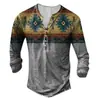 Nueva Camiseta de Manga Larga para Hombre de Moda Callejera Estilo Europeo y Americano de Venta Caliente Transfronteriza con Abertura Frontal, 7 Botones y Estampado Digital 3D