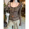 Camiseta de manga larga a rayas con bloques de color estilo coreano para otoño e invierno, de corte ajustado para mujer, adecuada para mujeres petite para usar como capa base o prenda exterior.