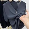 Estilo Coreano Holgado Cubre Vientre 40.00 kg-100.00 kg Cuello en V Axila Seda de Hielo Manga Corta Mujer Verano Delgado Botón Tejido Estilo Occidental Camiseta