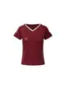Camiseta Azul de Cuello en V de Manga Corta Estilo Americano para Mujer, Diseño de Verano, Top Deportivo Ajustado de Media Manga
