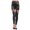 Pantalones de Cuero Sexys Nuevos Transfronterizos Pantalones Negros de Otoño Estilo Punk para Mujer Pantalones de Cuero Bordados con Encaje Pantalones de Nueve Puntos Empalmados