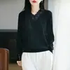 2026 Primavera e Verão Novo Estilo Lã Fina Renda Costura Decote V Malha Manga Longa Feminina Jacquard Camisa Básica Top