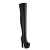 Botas Altas de Mujer Hasta la Rodilla, Plataforma Impermeable Negra, Suela Gruesa, Tacón Grueso, Tacón Súper Alto, Botas Elásticas Ajustadas Hasta la Rodilla, Botas Altas de Mujer